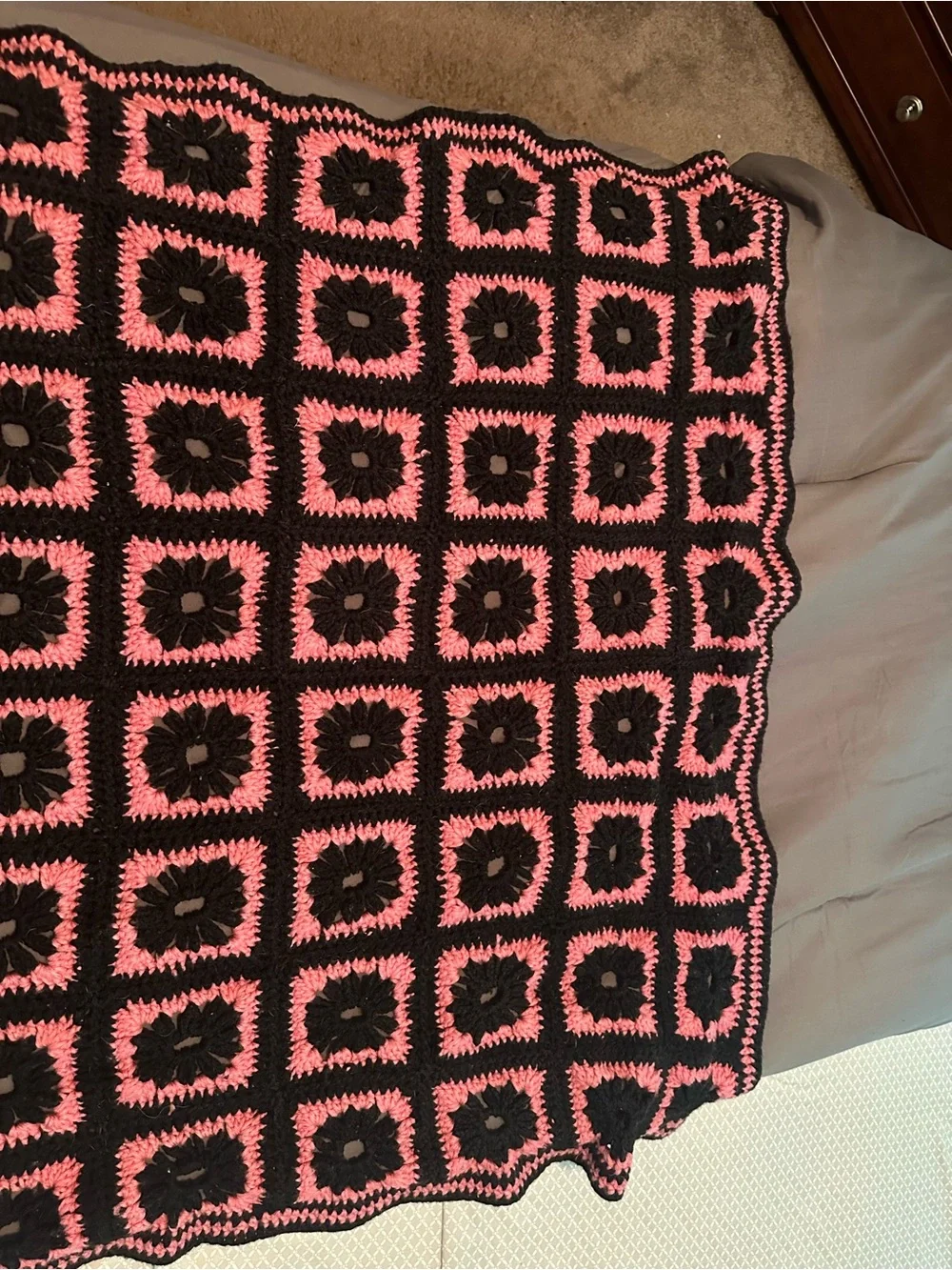 Handmade Crochet Granny Square Blanket - Black & Pink